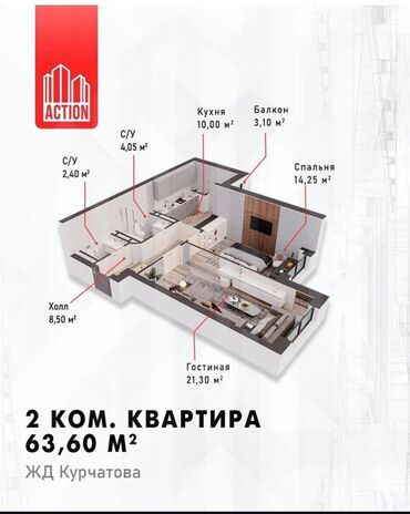 Продажа квартир: 2 комнаты, 64 м², Элитка, 10 этаж, ПСО (под самоотделку)