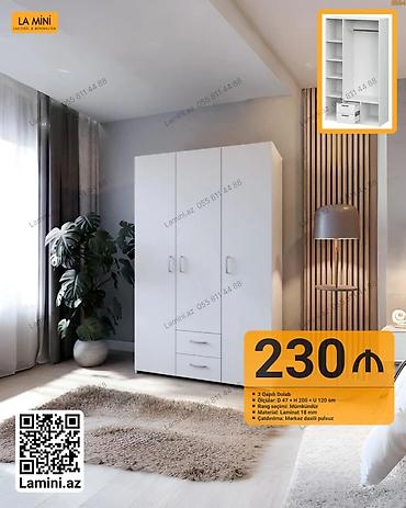 Ev üçün mebel: 3 qapılı dolab – minimal dizaynlı, ağ rəngdə. Xüsusiyyətlər: - — 1