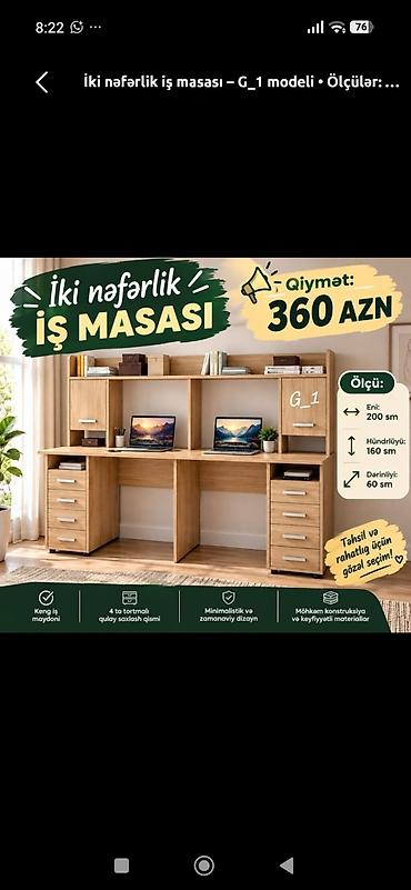 siyirmeli: İki nəfərlik iş masası – G_1 modeli Ölçülər: - En: 200 sm - — 1