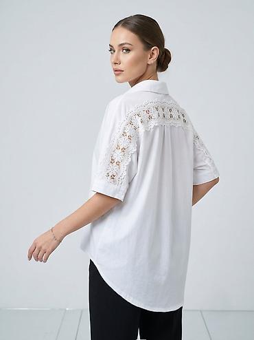 Рубашки и блузы: Ağ rəngli qadın koftası – qısa qol, oversize biçim - Klassik yaxalıq — 2