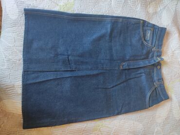 длинная джинсовая юбка: Юбка, Миди, Джинс, Высокая талия, С вырезом