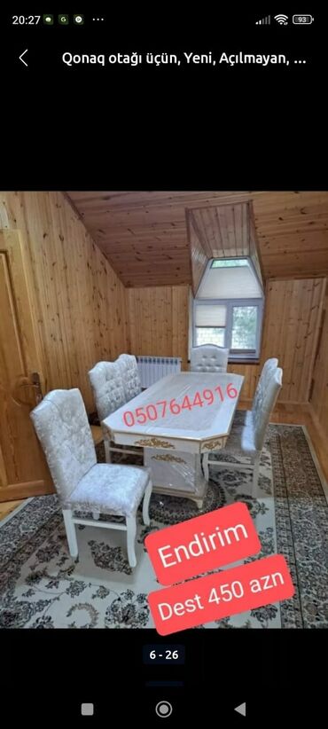 Masa və oturacaq dəstləri: Qonaq otağı üçün, Yeni, Açılmayan, Dördbucaq masa, 6 stul — 28