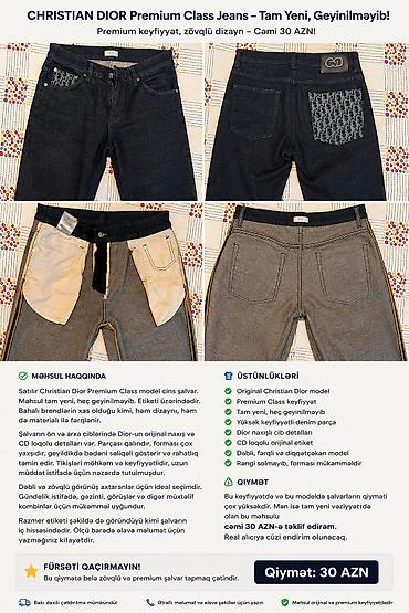 Kişi geyimləri: Satılır Christian Dior Premium Class model kişi cins şalvar. Məhsul — 1