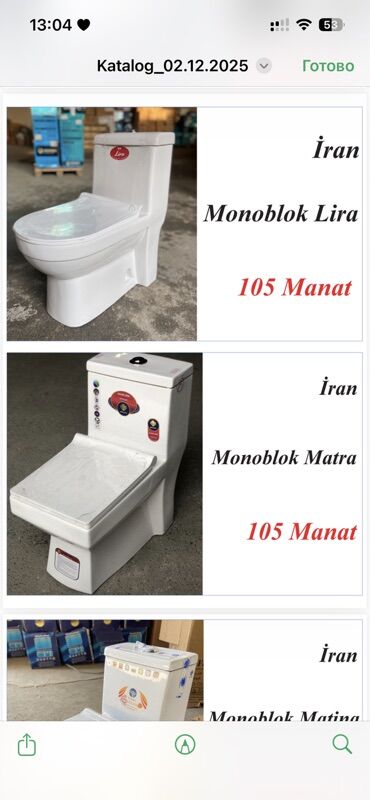 Unitazlar: Monoblok unitazlar – İran istehsalı Model seçimləri: Lira, Matra — 3