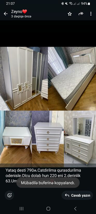 гарнитур для спальни: Yataq desti 790₼.Catdirilma qurasdurilma odenisle.Olcu dolab hun 220