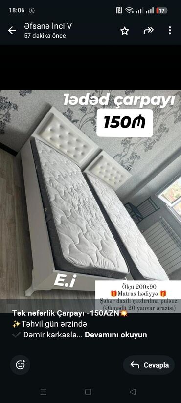 naxcivan qaya duzu: *Tək nəfərlik Çarpayı -150AZN💥* ✨Təhvil gün ərzində ✔️ Dəmir karkasla