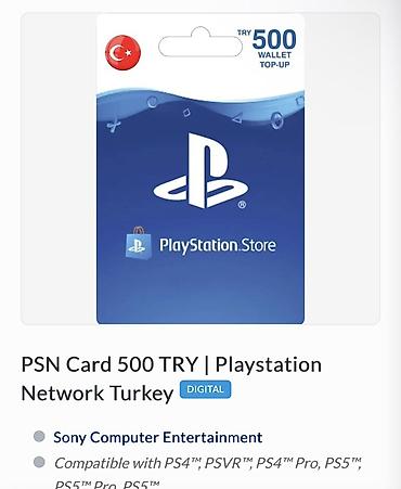 Video oyunlar və konsollar: PSN Kartı – 500 TRY (PlayStation Network Turkey), rəqəmsal kod — 1