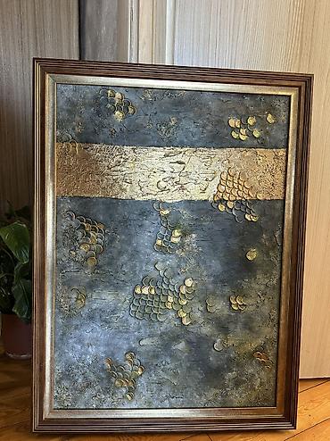 ev dekoru: Abstrakt üslubda dekorativ əl işi tablo. Kompozisiyada qızılı, boz — 2