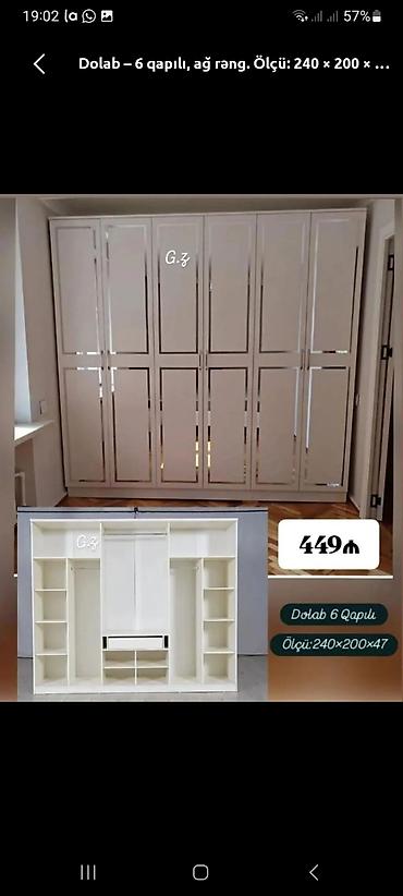 Ağ rəngdə, 6 qapılı geyim dolabı. Ölçü: 240 × 200 × 47 sm. Daxili
