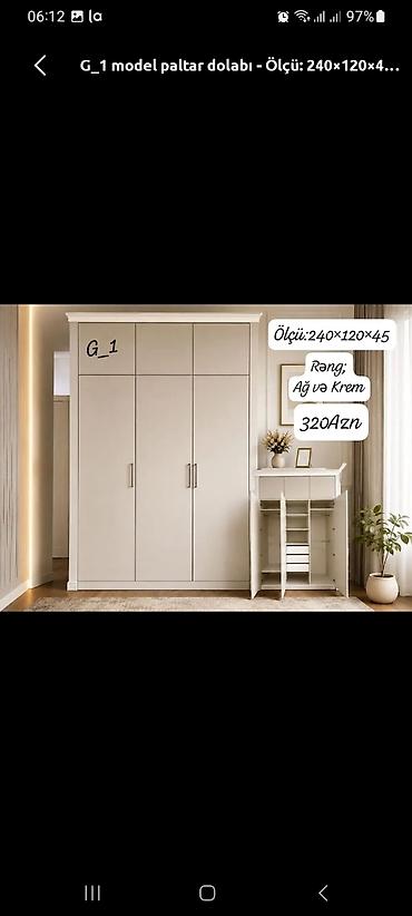 Dolablar: G_1 model paltar dolabı - Ölçü: 240×120×45 sm - Rəng: ağ və krem - — 1