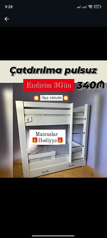 taxta ikimərtəbəli çarpayılar: Oğlan və qız üçün, Yeni, Çarpayı, Matras ilə, Siyirməli, Taxta — 1