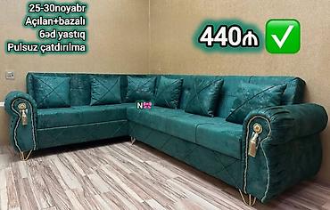 divan dəstləri: - Model: L formalı künc divan - Rəng/material: Zümrüd-yaşıl məxməri — 1