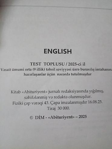 Книги и журналы: Məhsul: “English – Test Toplusu 2025” (9 illik) Təsvir: - Nəşriyyat — 2
