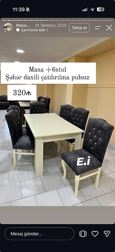 makyaj stul: Masa + 6 stul dəsti - Rəng: krem masa, tünd boz yumşaq oturacaq və — 1