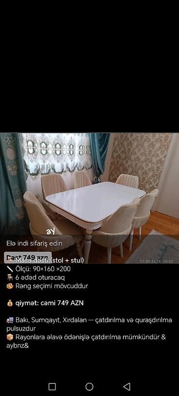 boya seti: Qonaq otağı üçün, Yeni, Açılmayan, Dördbucaq masa, 6 stul — 3