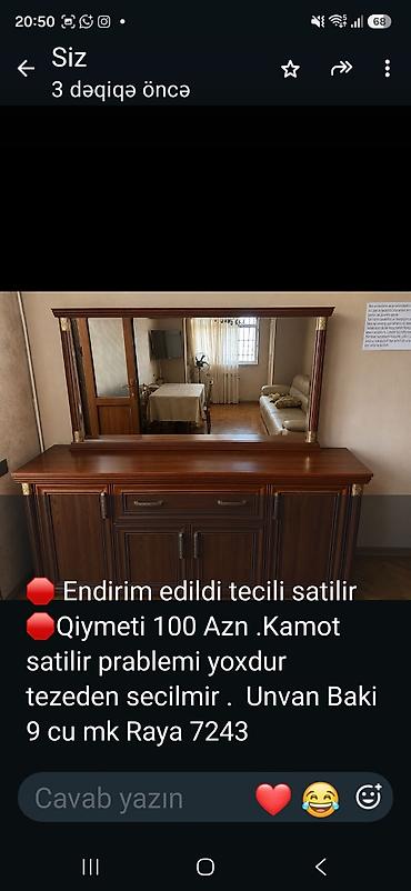 teze divanlar: - Taxta komod və iri güzgü dəsti - Klasik dizayn: tünd qəhvəyi rəng — 1