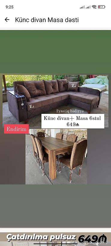 düz divan: Künc divan + masa dəsti - Komplekt: L formalı künc divan və 1 masa + — 1