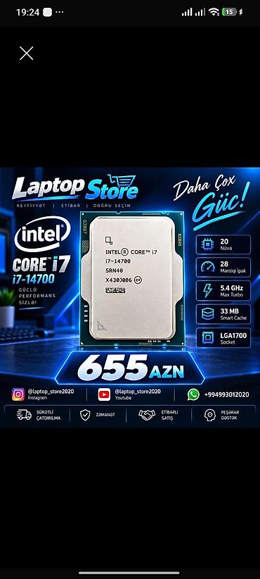 Prosessorlar: 🔥 Intel Core i7-14700 — 585 AZN Güclü və müasir sistem yığmaq — 2