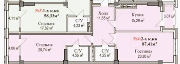 квартира с подселением для семейных: 2 комнаты, 103 м², Элитка, 3 этаж, ПСО (под самоотделку)