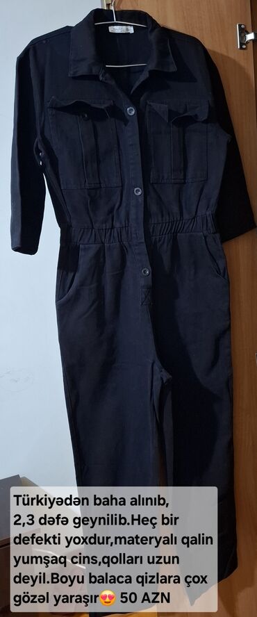 rabia hicab butik instagram: Qara rəngli cins kombinezon - Model: düyməli, yaxalıqlı, bel hissəsi