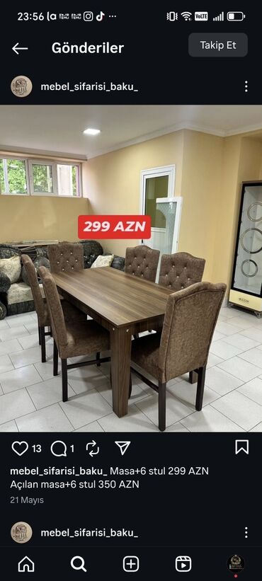 Masa və oturacaq dəstləri: Qonaq otağı üçün, Yeni, Açılmayan, Dördbucaq masa, 6 stul — 14