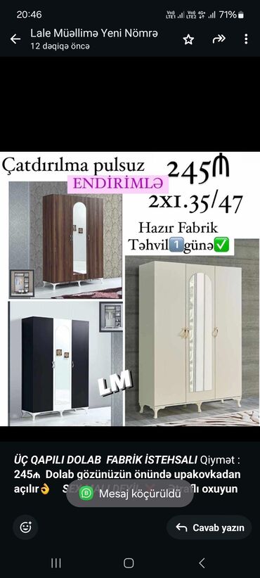 Sifarişlə dolablar: _*ÜÇ QAPILI DOLAB*_ _*FABRİK İSTEHSALI*_ Qiymət : *245₼* *Dolab