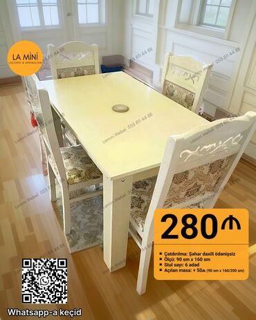 барные стулья: Qonaq otağı üçün, Açılan, Dördbucaq masa, 6 stul