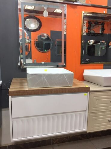 Taxta-şalban: Hamam üçün şkaf + üst qoyulan qranit-look əl yuma qabı (lavabo)