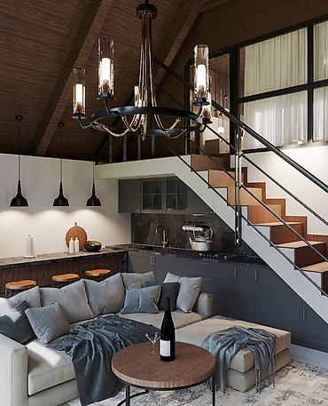 Tikinti işləri: «Barn House»: ▸ 60 m² — 2 yataq otağı, zal, studio tipli mətbəx — 5