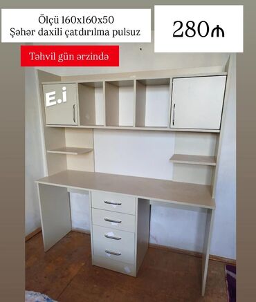 Sifarişlə işçi masaları: İş masası və üst dolablı rəf sistemi - Ölçü: 160 x 160 x 50 sm -