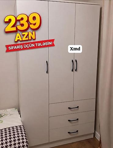 ucuz tul perde: Ağ rəngli 3 qapılı və 3 çekmecəli geyim dolabı. Sadə, müasir dizayn; — 1