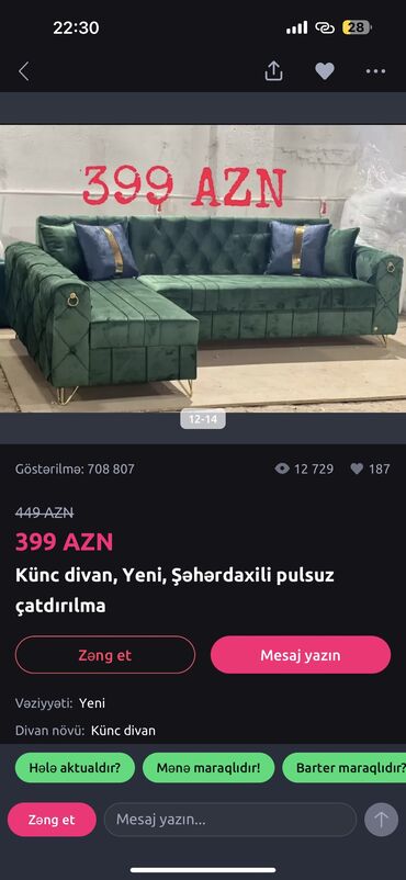 divan alan: Künc divan, İşlənmiş, Açılan, Bazalı, Vеlur parça, Çatdırılma yoxdur