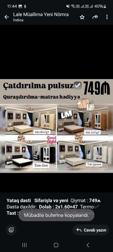 viona mebel yataq desti: *Yataq dəsti* *Sifarişlə və yeni* Qiymət : *749₼* Dəstə daxildir