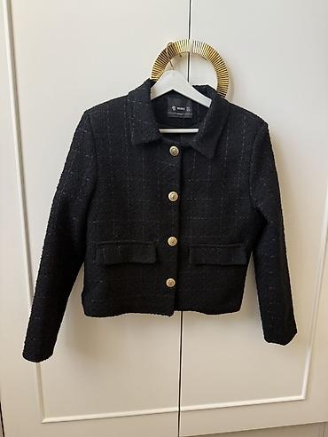kisi kurtka modelleri: Qadın jaketi – qara tweed/başmaqlama fakturalı qısa model - Brend: S — 1