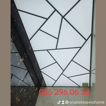 metbex asma tavan modelleri: Şüşə tavan/panel dizaynı – modern geometrik naxışlı LED işıqlandırmalı