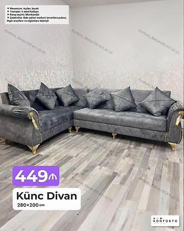 Divanlar: Künc Divan – 280×200 sm - Mexanizm: açılan, bazalı (yataq funksiyası — 1