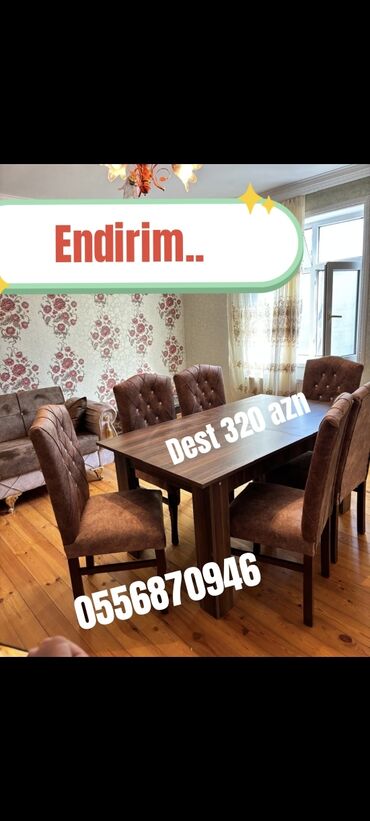 Masa və oturacaq dəstləri: Qonaq otağı üçün, Yeni, Açılmayan, Dördbucaq masa, 6 stul — 30