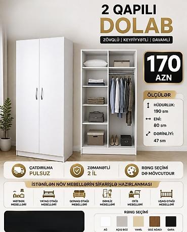 Dolablar: 2 qapılı dolab – zövqlü, keyfiyyətli, davamlı Ölçülər: - Hündürlük — 1