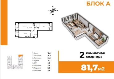 продажа квартира бишкеке: 2 комнаты, 82 м², Элитка, 11 этаж, ПСО (под самоотделку)
