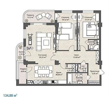 Квартиры: 3 комнаты, 135 м², Элитка, 6 этаж, ПСО (под самоотделку) — 1