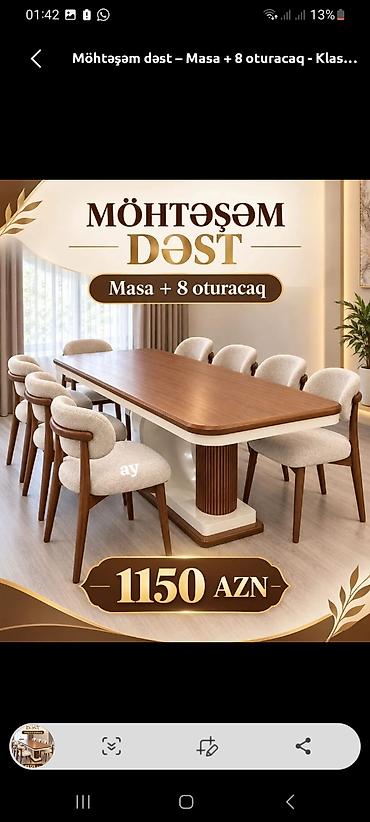 Möhtəşəm dəst – Masa + 8 oturacaq - Komplekt: 1 ədəd geniş yemək lalafo.az -da Möhtəşəm dəst – Masa + 8 oturacaq - Komplekt: 1 ədəd geniş yemək