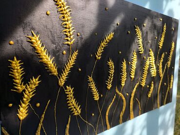 Şəkillər, tablolar: Əl işim "Sünbüllər" dekorativ tablo – qara fon üzərində qızılı sünbül — 8