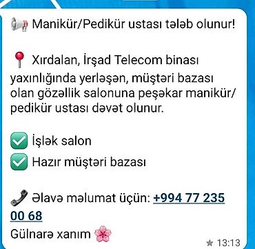 zabratda xadmə tələb olnur: Dırnaq ustası tələb olunur, Yerin icarəsi — 1