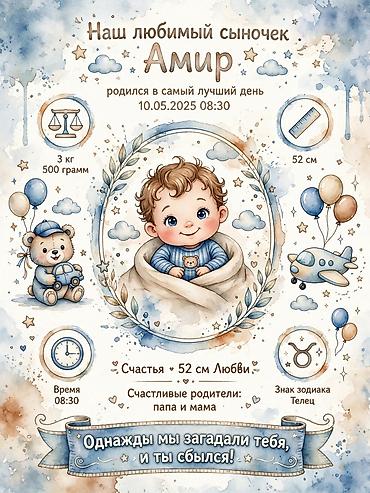Именной постер о рождении малыша — дизайнерский принт для оформления at lalafo.kg Именной постер о рождении малыша — дизайнерский принт для оформления