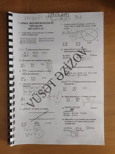 fizika 7 9 mesele kitabi: Riyaziyyat Testlər 11-ci sinif, 1-ci hissə, 2019 il