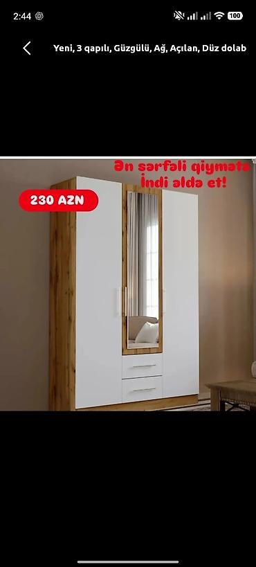 islenmis seyf qapi: Yeni, 3 qapılı, Güzgülü, Ağ, Taxta, Açılan, Düz dolab — 1