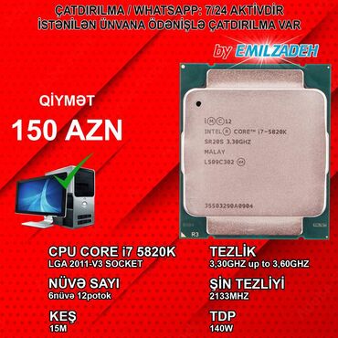 Digər kompüter aksesuarları: Prosessor Intel Core i7 Core i7 5820K, 3-4 GHz, > 8 nüvə, İşlənmiş