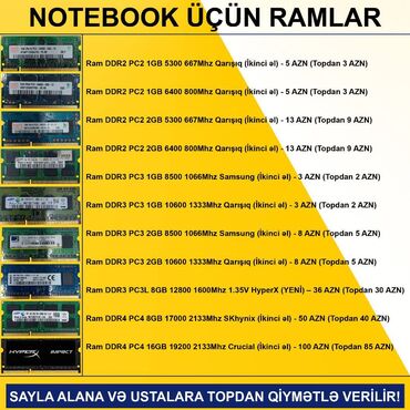 Operativ yaddaş (RAM): Notebook üçün Ramlar (DDR2/DDR3/DDR4) SAYLA ALANA VƏ USTALARA TOPDAN -da lalafo.az — 2 Operativ yaddaş (RAM): Notebook üçün Ramlar (DDR2/DDR3/DDR4) SAYLA ALANA VƏ USTALARA TOPDAN — 2