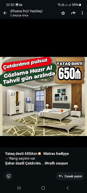 bagca mebel: *Yataq dəsti 650Azn💥 Matras hədiyyə* ✔️Rəng seçimi var *Şəhər daxili — 4