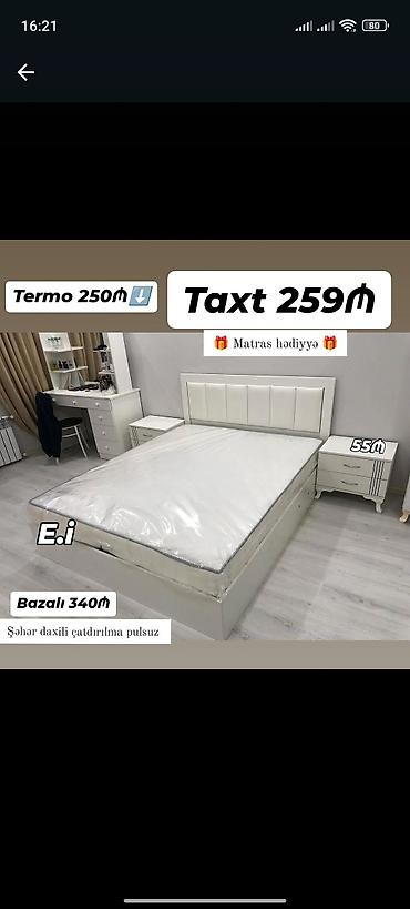 yatag taxt: Ağ rəngli yataq otağı dəsti – müasir, minimal dizayn. - Taxt: 259₼ - — 1